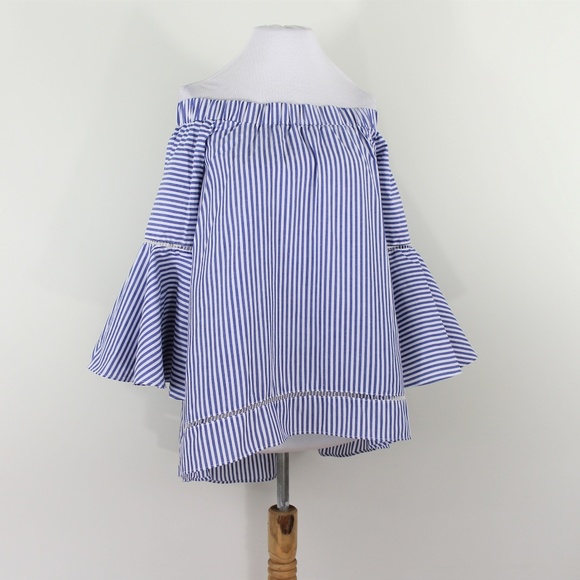 New Hi Low Blue White Stripe Bell Sleeve Top M L - Picture 3 of 8